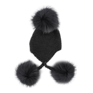 Triple Pom Pom Hat Maniere Black Genuine Raccoon Fur 