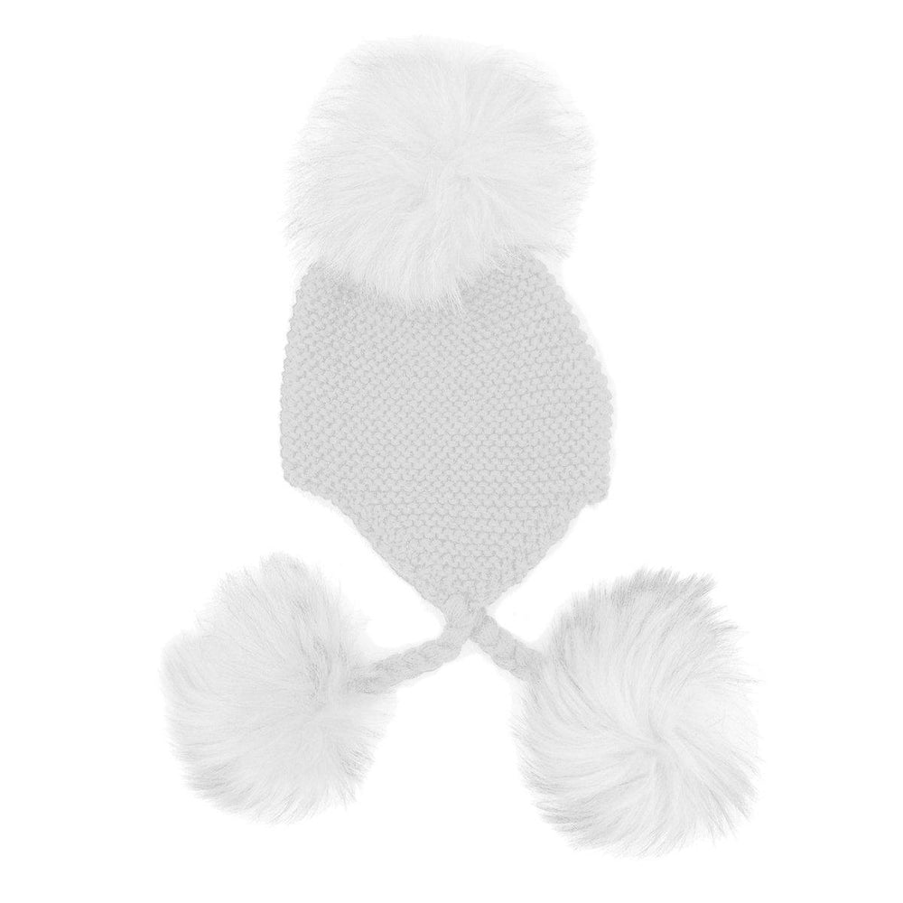 Triple Pom Pom Hat Maniere White Genuine Raccoon Fur 