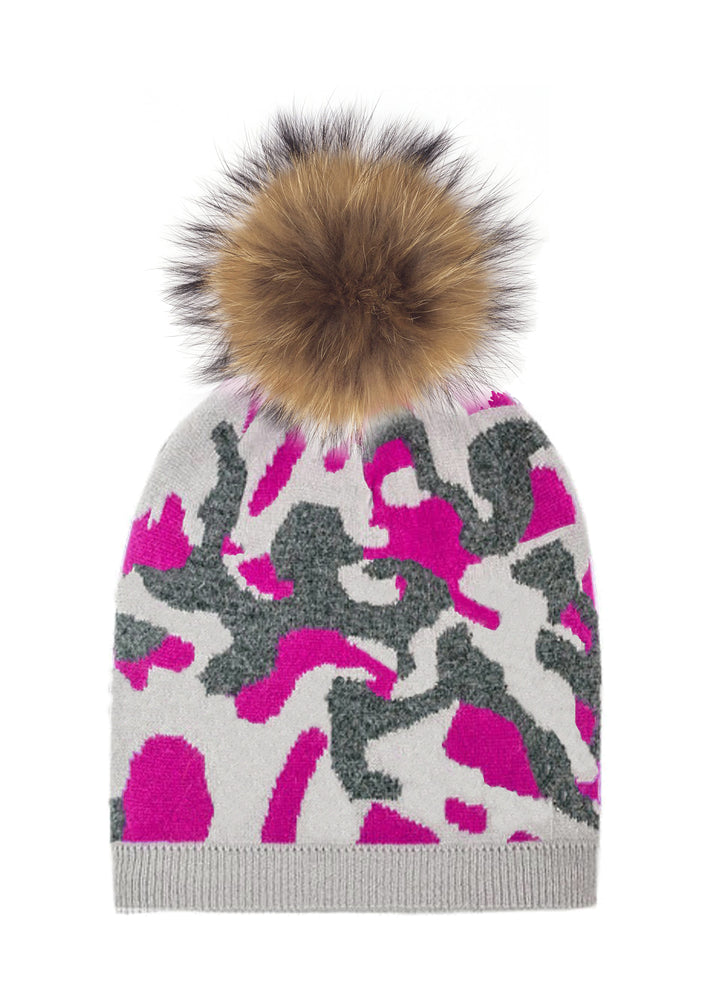 Color Camouflage Beanie With Faux Fur Pom, Pink