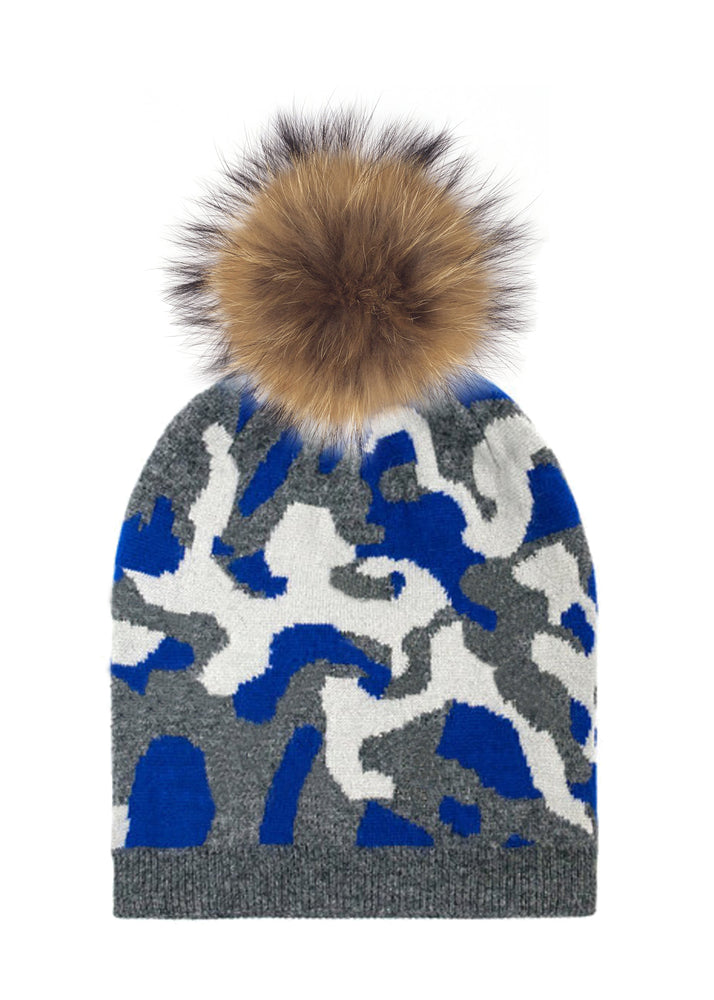 Color Camouflage Beanie With Faux Fur Pom, Blue