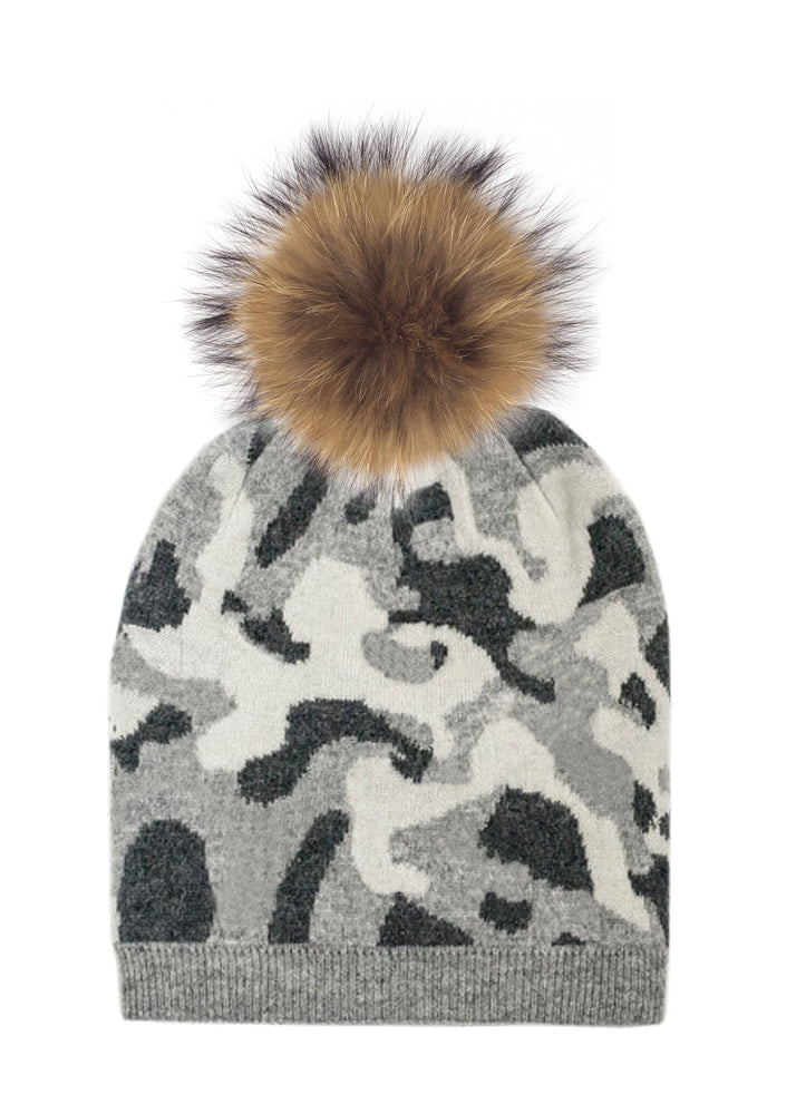 Color Camouflage Beanie With Faux Fur Pom, Black