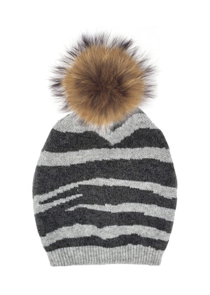 Tiger Pattern Wool Hat With Faux Fur Pom, Grey/ Charcoal