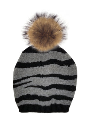 Tiger Pattern Wool Hat With Faux Fur Pom, Charcoal