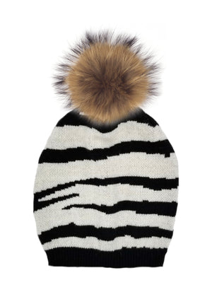 Tiger Pattern Wool Hat With Faux Fur Pom, Black/White