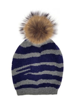 Tiger Pattern Wool Hat With Faux Fur Pom, Navy