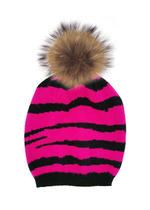 Tiger Pattern Wool Hat With Faux Fur Pom, Pink