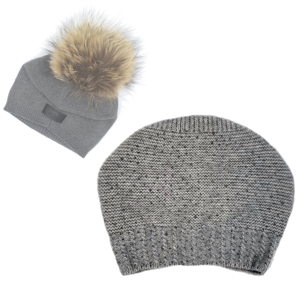 Sparkle Slouch Wool Hat With Faux Fur Pom, Dusty Grey