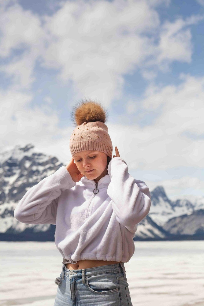 Pearl Studded Wool Hat With Faux Fur Pom, White