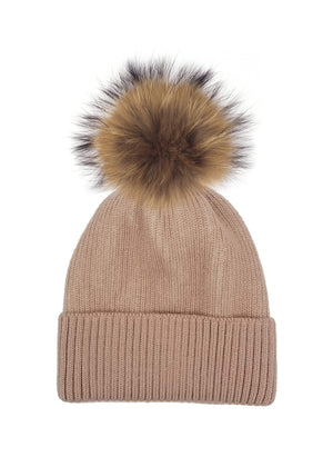 Ribbed Lurex Knit Hat With Faux Fur Pom, Mauve