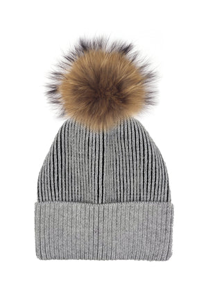 Ribbed Lurex Knit Hat With Faux Fur Pom, Grey