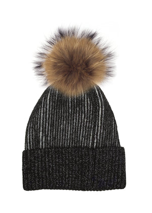 Ribbed Lurex Knit Hat With Faux Fur Pom, Black