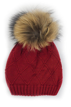 Chunky Knit Wool Hat With Faux Fur Pom, Red