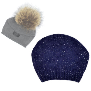 Sparkle Slouch Wool Hat With Faux Fur Pom, Navy