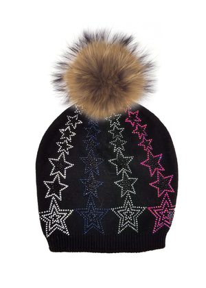 Colored Star Hat With Faux Fur Pom, Black