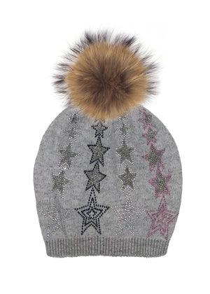 Colored Star Hat With Faux Fur Pom, Dusty Grey