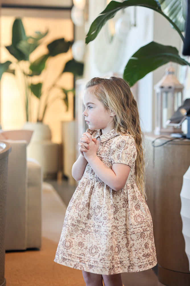 Shop maniere Pleated Garden Short Sleeve Dress Floral Sand / 5 Shop maniere Pleated Garden Short Sleeve Dress Floral Sand / 5