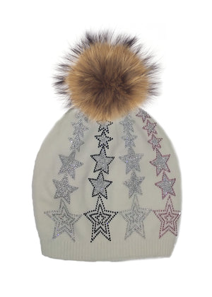 Colored Star Hat With Faux Fur Pom, White