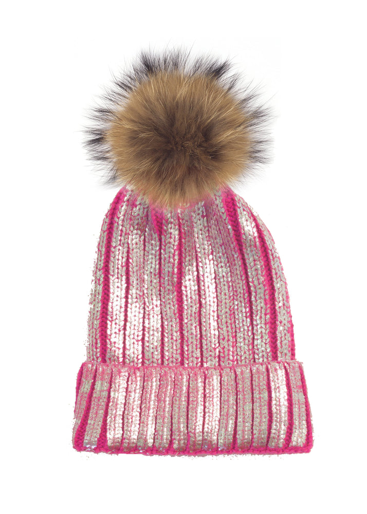 Foil Stamp Beanie With Faux Fur Pom, Pink