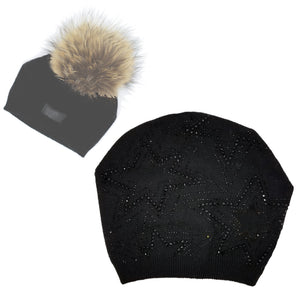 Rhinestone Star Design Hat Hat With Faux Fur Pom, Black