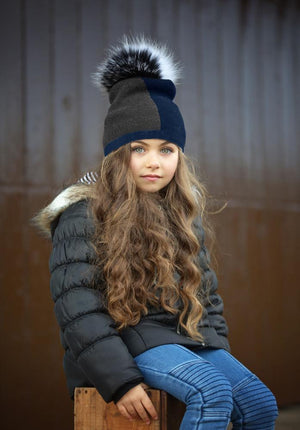 Color Block Knit Hat With Faux Fur Pom, Charcoal/Grey