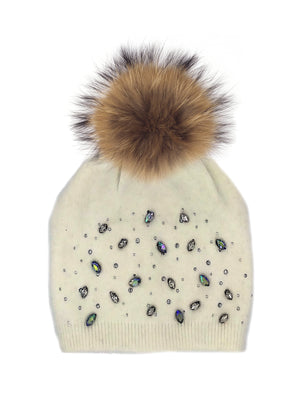 Rhinestone Embellished Hat With Faux Fur Pom, White