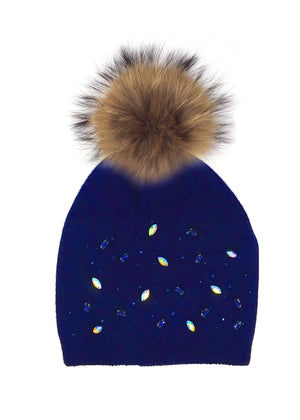 Rhinestone Embellished Hat With Faux Fur Pom, Navy