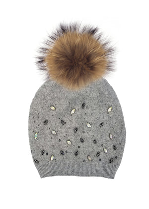 Rhinestone Embellished Hat With Faux Fur Pom, Grey