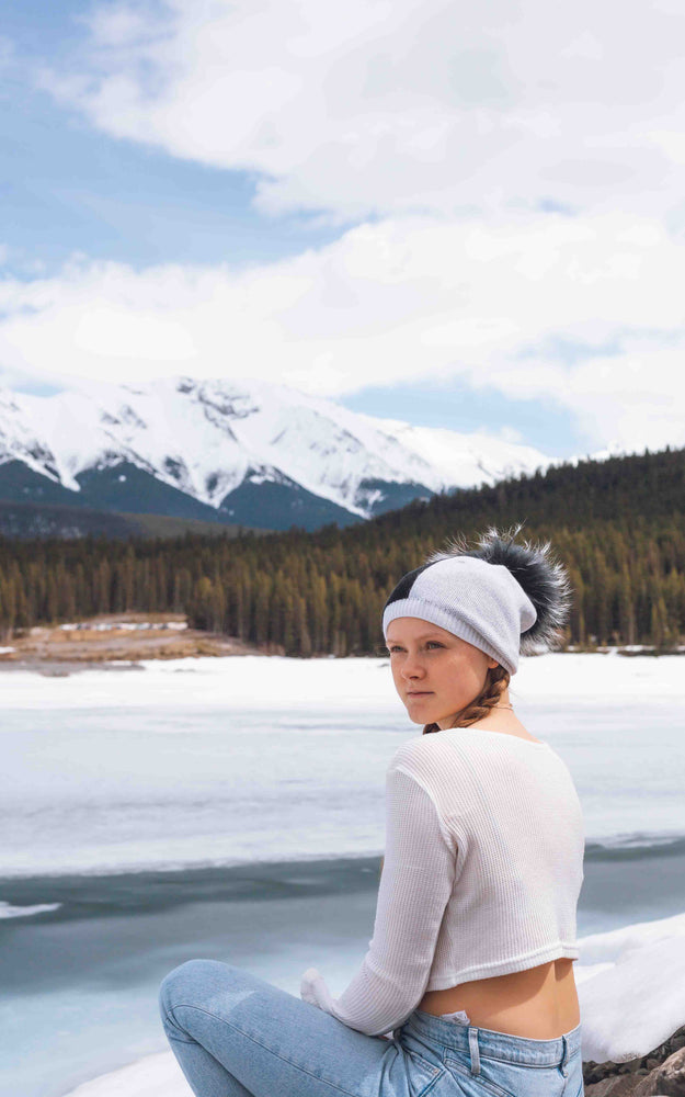 Triangle Color Block Hat With Faux Fur Pom, Navy