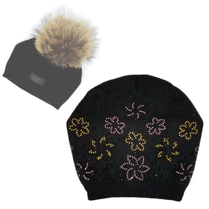 Floral Rhinestone Design Hat With Faux Fur Pom, Black