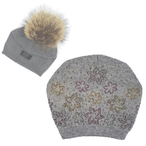 Floral Rhinestone Design Hat With Faux Fur Pom, Dusty Grey