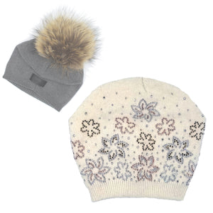 Floral Rhinestone Design Hat With Faux Fur Pom, White