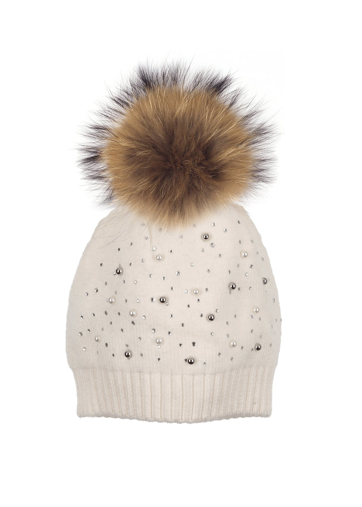 Pearl Studded Wool Hat With Faux Fur Pom, White