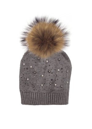 Pearl Studded Wool Hat With Faux Fur Pom, Grey