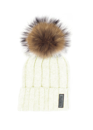 Ribbed Merino Wool Hat With Faux Fur Pom, White