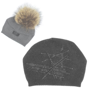 Slouch Embellished Beanie With Faux Fur Pom, Grey