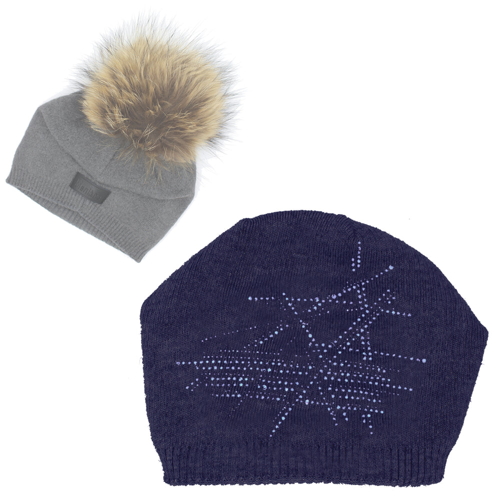 Slouch Embellished Beanie With Faux Fur Pom, Navy