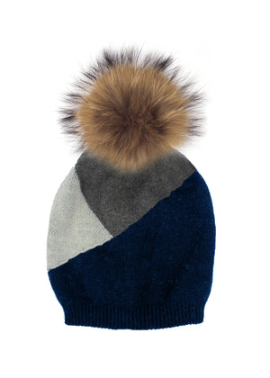 Triangle Color Block Hat With Faux Fur Pom, Navy