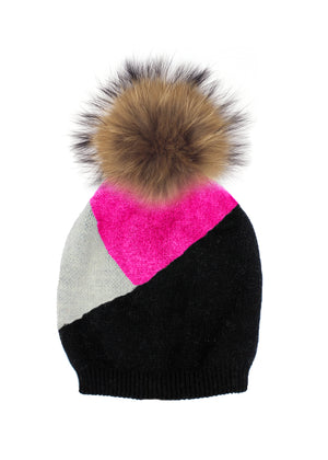 Triangle Color Block Hat With Faux Fur Pom, Hot Pink