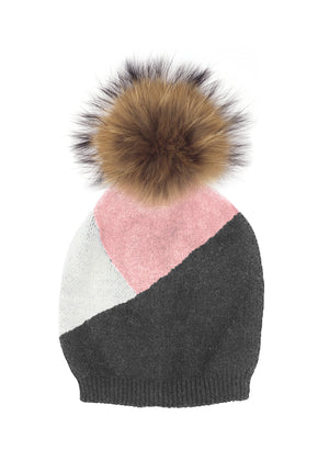 Triangle Color Block Hat With Faux Fur Pom, Mauve