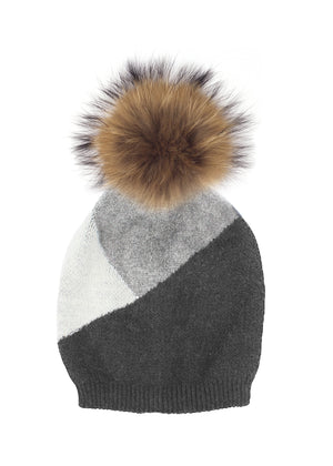 Triangle Color Block Hat With Faux Fur Pom, Grey