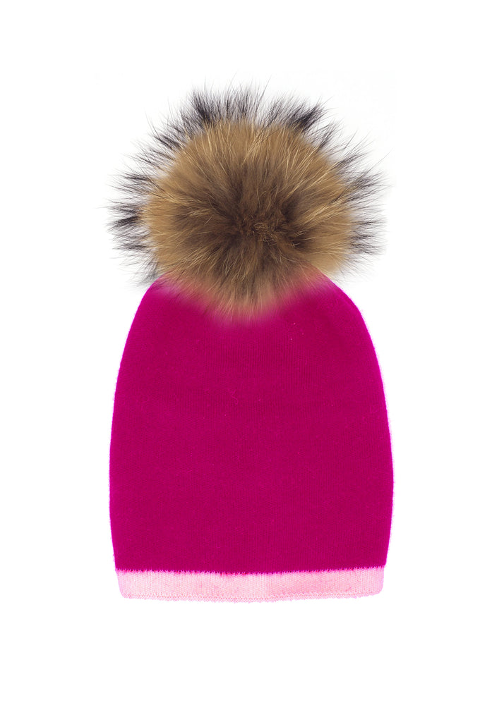 Two Tone Knit Hat With Faux Fur Pom, Pink