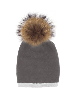 Two Tone Knit Hat With Faux Fur Pom, Grey