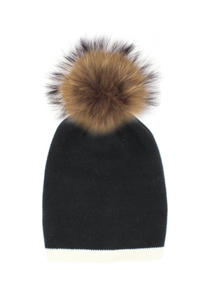 Two Tone Knit Hat With Faux Fur Pom, Black