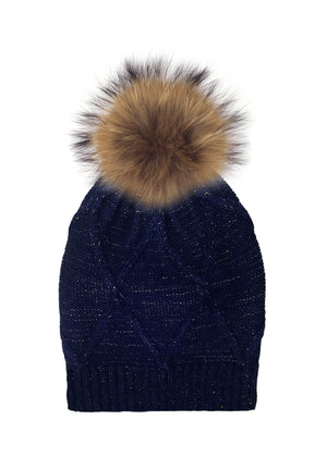 Diamond Lurex Knit Hat With Faux Fur Pom, Navy