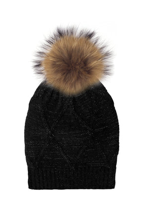 Diamond Lurex Knit Hat With Faux Fur Pom, Black