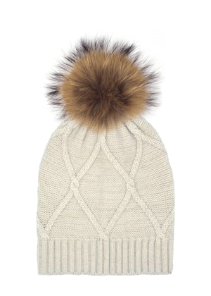 Diamond Lurex Knit Hat With Faux Fur Pom, White