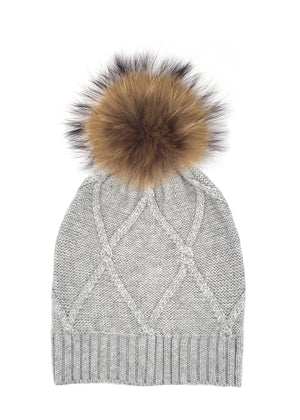 Diamond Lurex Knit Hat With Faux Fur Pom, Dusty Grey