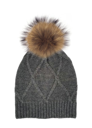 Diamond Lurex Knit Hat With Faux Fur Pom, Charcoal