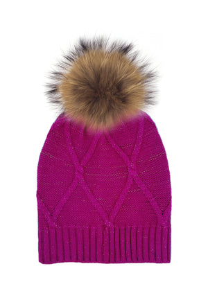 Diamond Lurex Knit Hat With Faux Fur Pom, Hot Pink