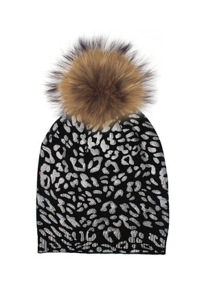 Black With Silver Leopard Hat With Faux Fur Pom